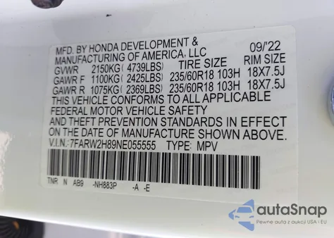 2022 Honda Cr-V Awd Ex-L z USA, uszkodzony, nr VIN 7FARW2H89NE055555